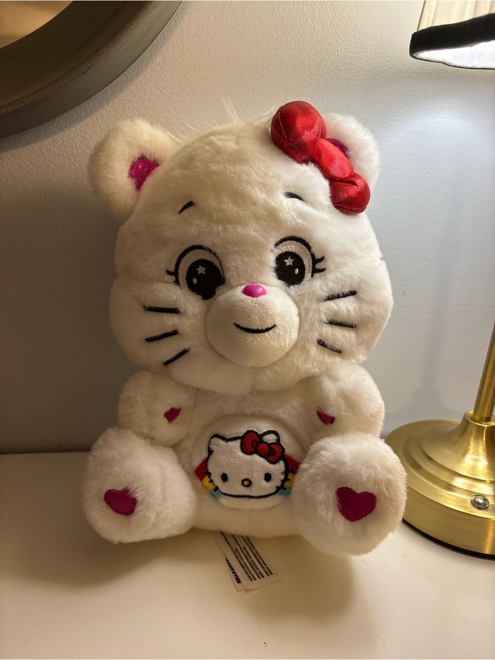 Hello Kitty car bear Colab White Plush Cat with Pink Accents